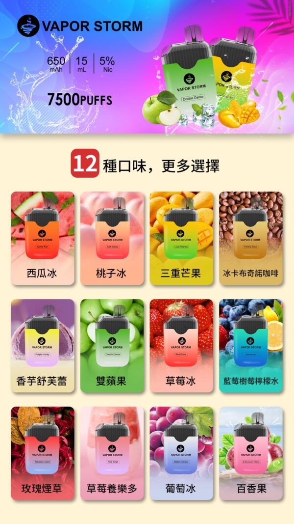 【VAPOR STORM風暴拋棄式】 一次性電子菸 可充電7500口抛棄式｜美滋滋糖果屋